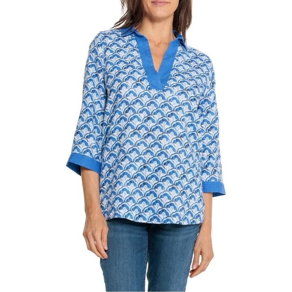 Sigrid Olsen 100% Linen Collared Blue White popover Floral Top Tunic size Large